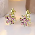 Golden flower clip earrings with pink marquise petals and sparkling white zircons - Gold Plated Pink Zircon