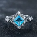 Δαχτυλίδι με μπλε πολύτιμο λίθο princess cut και vintage ασημένια βάση με διαμάντια - US 6 / Ασημί Βασιλικό Μπλε