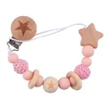 Pink silicone and beech wood star pacifier clip with crochet beads for babies - Pink