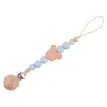 Beech wood pacifier clip with light blue silicone beads and carved bear charm - Grey Blue