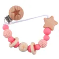 Pink silicone and beech wood baby pacifier clip chain with carved star wooden beads - Watermelon red