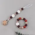 Boho daisy baby teether pacifier clip set with food-grade silicone and wood beads - White