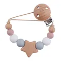 Handmade beech wood pacifier clip with pink silicone beads and a star-shaped wooden charm - Pentagram