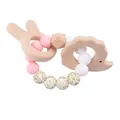 Pink and white silicone bead baby teether with rabbit and hedgehog wooden rings - Rabbit And Hedgehog Shape / Pink