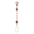 Handmade beechwood pacifier clip with dark brown crochet beads and BABY letter squares - Coffee