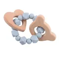 Baby teething ring with grey silicone beads and natural beechwood bear and heart charms - Grey Blue