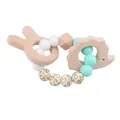 Baby teething ring with wooden rabbit, elephant charms and mint silicone beads - Mint Green