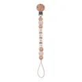 Beech wood pacifier clip with beige crochet beads and white BABY letter beads - Beige