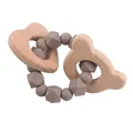 Baby teething ring with grey silicone beads and natural beechwood bear head charm - Khaki