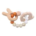 Baby teething bracelet with orange silicone beads and wooden rabbit elephant pendants - Rabbit And Elephant Shape / Orange