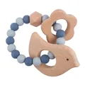 Blue bird wooden baby teether rattle with silicone beads and beech wood rings - Dark Blue