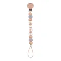 Baby pacifier clip with grey crochet beads and wooden letter beads spelling BABY - Gray