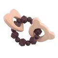Baby teething ring with brown silicone beads and beech wood bear and heart charms - Coffee