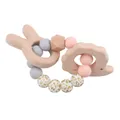 Bunny and hedgehog beech wood teething ring with pink, grey and leopard silicone beads - Rabbit And Hedgehog Shape / Light Pink