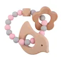 Pink and grey silicone bead baby teether ring with wooden bird and flower charms - Pink
