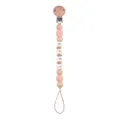 Pink crochet and beech wood baby pacifier clip with white BABY letter beads - Light Pink