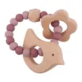 Pink and purple silicone beaded teether ring with beech wood bird and flower charms - Dusty Pink