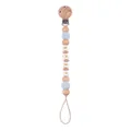 Blue knit and wooden pacifier clip featuring white square beads with BABY lettering - Light Blue