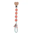 Handmade woven daisy pacifier clip with coral and teal cotton cords and a heart wooden clasp - Rose Pink