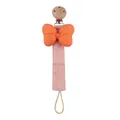 Rosa Schnullerkette mit orangefarbener Schleife und Buchenholzclip auf weißem Grund - Orange