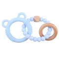 Light blue silicone bear-eared teething ring with natural beech wood beads and ring - Grey Blue Bear