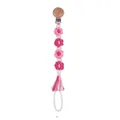 Rosa Schnullerkette aus Baumwolle mit Buchenholz-Clip und gehäkelten Blumenmotiven - Fuchsia