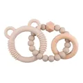 Light coffee silicone bear baby teether with natural beech wood rings and hex beads - Grey Brown Bear