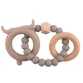 Baby silicone and beech wood teether ring with bear ear design in dark beige - Ox Dark Grey Brown