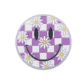 Runde Silikon-Beißperle mit lila Schachbrett-Smiley und weißem Gänseblümchen-Muster - Lila