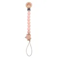 Pink silicone and beech wood star pacifier clip featuring a rainbow engraved wooden clip - Light Pink