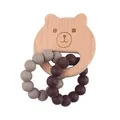 Baby wooden bear teether with silicone beads in taupe and brown for soothing gums - Bear