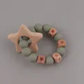 Sage green silicone and beech wood baby teether ring with a wooden star pendant - Pentagram / Grey Green