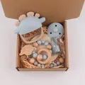 Newborn silicone dinosaur teether set with pacifier and rattle in gift box - Grey Blue