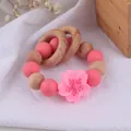 Pink silicone flower and beech wood bead teething bracelet for newborn babies - Rose Red
