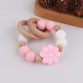 Pink sunflower baby teething ring with natural beech wood and silicone beads - Pink