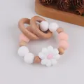 Baby teething ring with pink and white silicone beads, beech wood rings, and daisy flower - White Pink