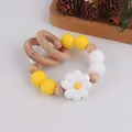 Daisy silicone baby teether ring with natural beech wood beads and rattles - White Yellow