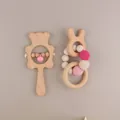 Beech wood teething rings with pink crochet beads and cute bear and rabbit shapes - Bear Rattle With Pink Rabbit Teether / Pink