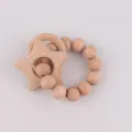 Natural beech wood baby teether ring with star pendant and smooth wooden beads - Pentagram