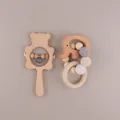 Beech wood bear rattle and elephant teething ring with grey and beige crochet beads - Bear Rattle With Gray Elephant Teether / Gray
