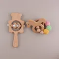 Beech wood bear rattle and crochet bead horse teether ring set for baby sensory play - Unicorn