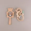 Eco-friendly beech wood baby rattle and silicone bead molar bracelet set with bear motif - Bear Rattle With Morandi Color Teether / White
