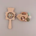 Beech wood bear and bird baby rattles with colorful crochet beads and silicone ring - Bird