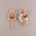 Eco-friendly beech wood baby rattle set with pink crochet beads and bear teething ring - Bear Rattle With Pink Bird Teether / Light Coffee