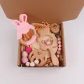 Pink rabbit silicone beech wood baby teether and bear pacifier clip 5-piece gift set - Pink