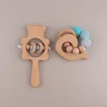 Handmade beech wood bear rattle and whale teething ring set with blue silicone beads - Whale