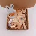 Baby beech wood rattle set with silicone bunny teether and bear pacifier clip in a gift box - Light Gray