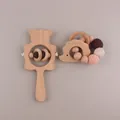 Pink and beige crochet beaded hedgehog teether with wooden bear rattle toy set - Hedgehog