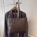Large dark brown tote bag in retro textured PU leather with slim double shoulder straps - Brown