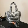 Metallic silver quilted puffer tote bag with detachable shoulder strap for daily casual use - Gray